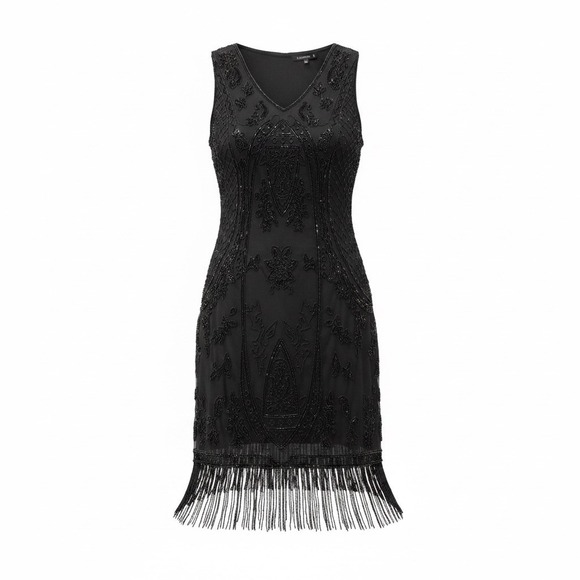 Lauren Ralph Lauren Dresses & Skirts - Lauren Ralph Lauren Black Label Flapper Black Dress Beaded 16 Fringe Hem NWT